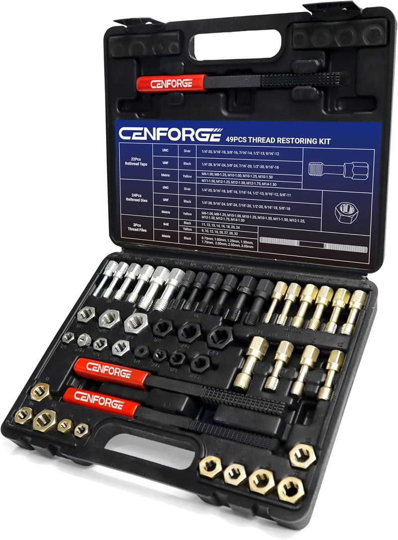 CENFORGE Store 49PCs Thread Chaser Set, Metric & SAE Rethreading Tool Kit with 22 Taps, 24 Dies, 3 Thread Files - Universal Bolt Restorer in UNC UNF Metric Sizes for Automotive (Includes Portable Case) - Image 1